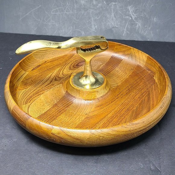 Vintage MCM Wooden Walnut Bowl Brass Nutcracker Mid Century Modern Decor - Picture 1 of 8